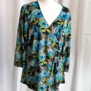 Kim Rogers Floral Top with Leather Buckle Detail on Side 3/4 Sleeves Size XL
